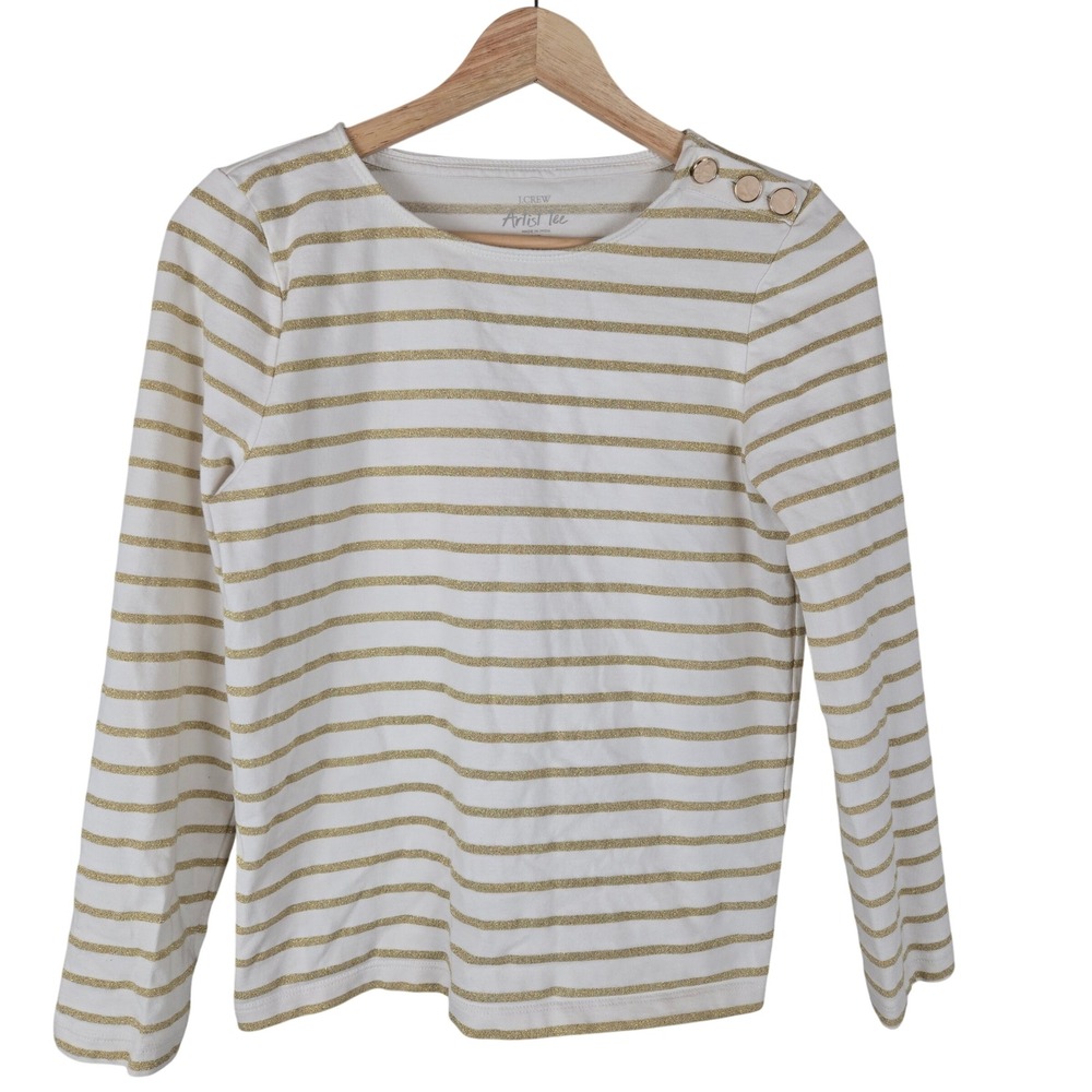J.Crew Artist Tee XS White Gold Stripe Tshirt Boat Neck Metallic Holiday Classic